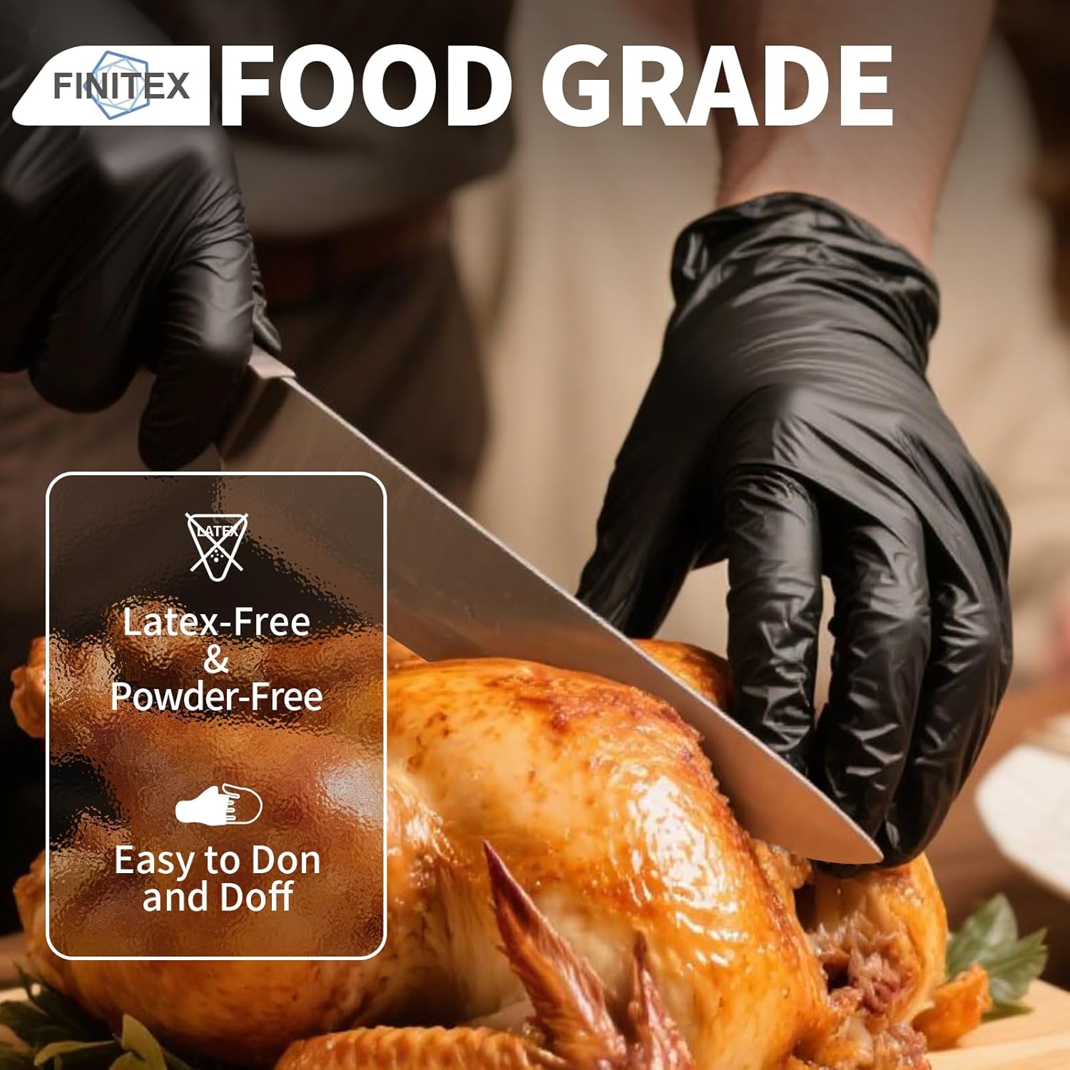 FINITEX Nitrile Disposable Black Gloves - 3.5mil Powder-Free Latex-Free Cleaning Cooking Food Prep Gloves of 60/180