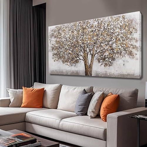 CHUDANHAO Pósteres artísticos grises para decoración de pared de árbol grande para oficina, arte de pared dorado y blanco, pintura botánica para
