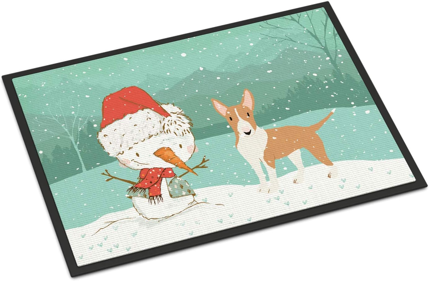 Caroline's Treasures CK2056MAT Fawn Bull Terrier Snowman Christmas Doormat 18x27 Front Door Mat Indoor Outdoor Rugs for Entryway, Non Slip Washable Low Pile, 18H X 27W