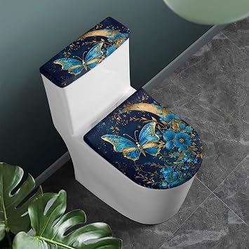 Blue Butterfly Toilet Lid Cover and Toilet Tank Cover Soft Plush Seat Covers Tank Lip Covers Seat Covers Fits Most Lids for Accessories Decor Machine Washable