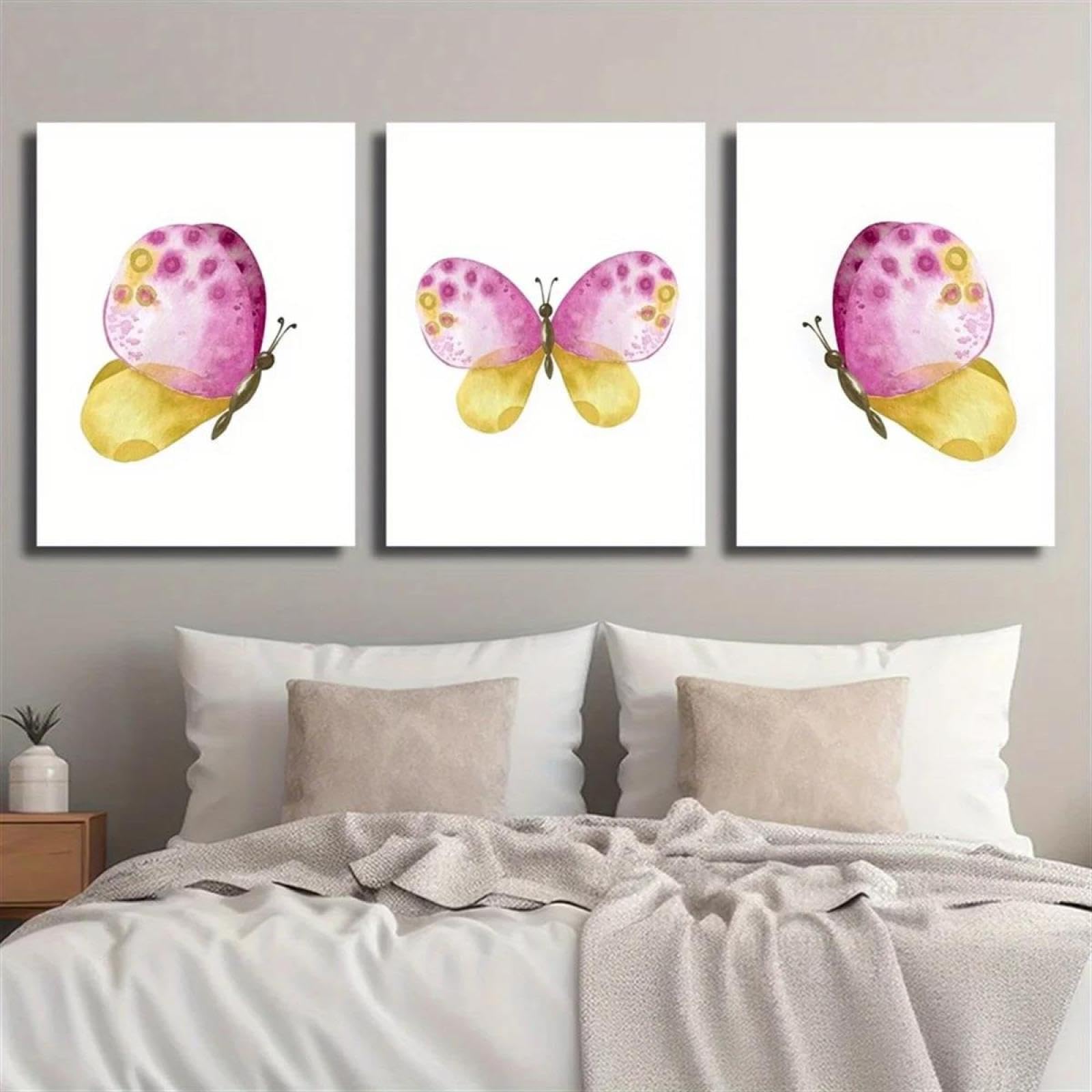 Yocheng 3pcs Canvas Art Print -Watercolor Butterfly Design, Pink & Yellow Accents, Wall Decor For Bedroom Or Living 50x70cmx3 No Frame