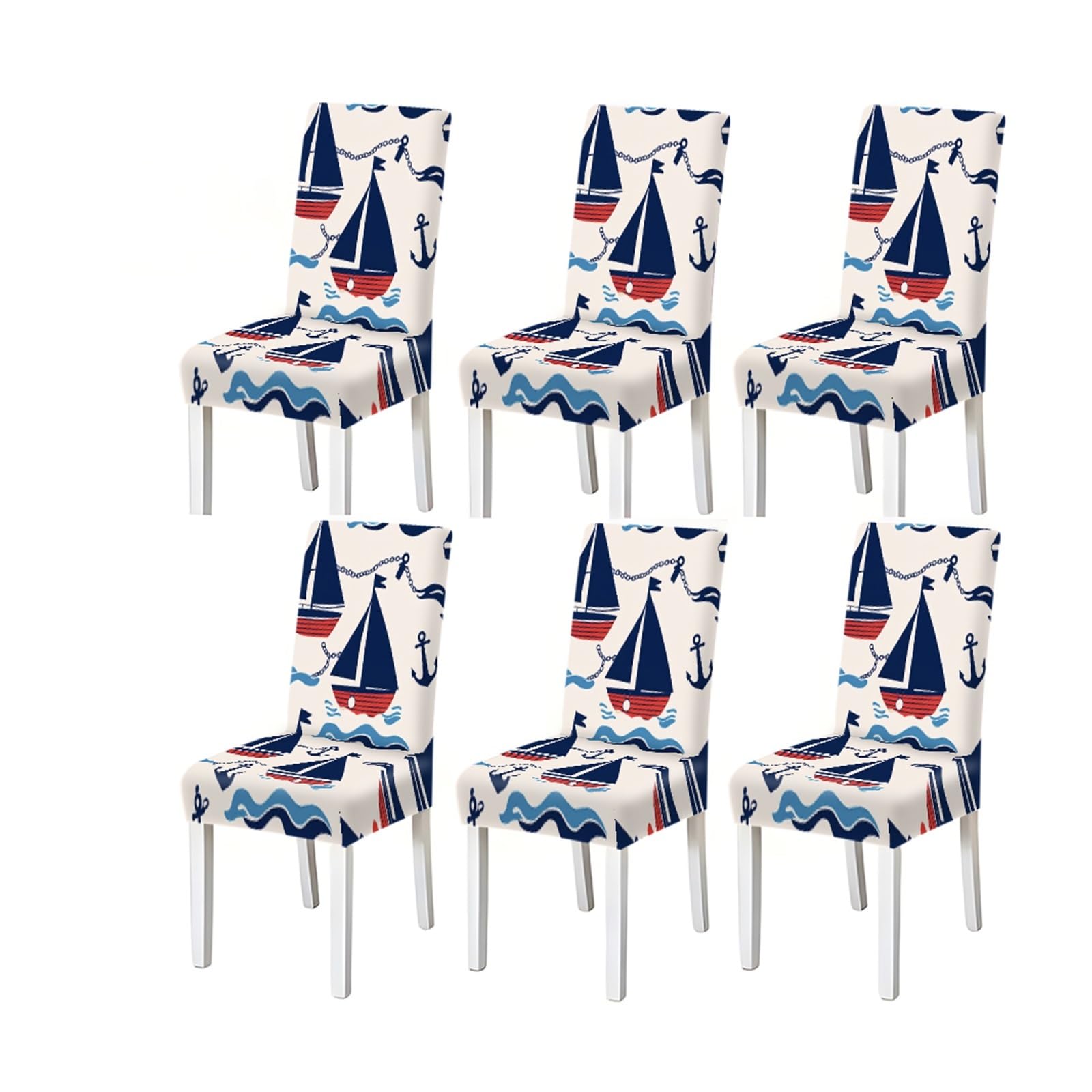 BOSUYBN Nautical Sailboat Anchor Pattern Print Dining Chair Covers Set Of 2/4/6, Stretch Slipcovers For Kitchen Dining Room Furniture Protectors for Home Dining Room(6PCSChair cover)