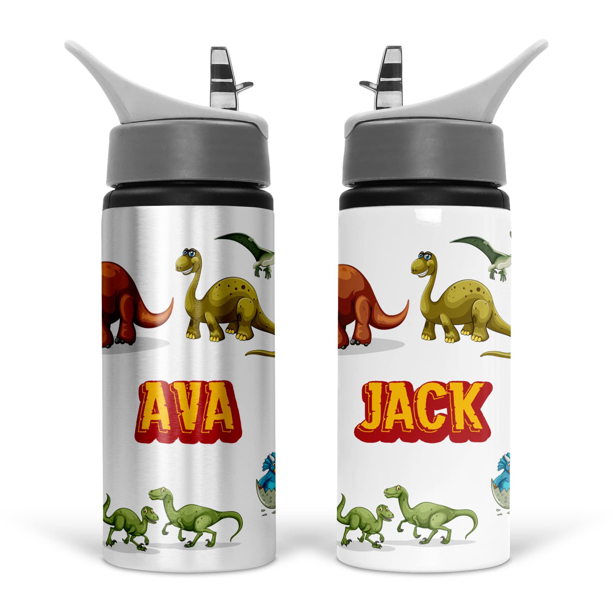 Personalised Dinosaur Water Bottle for Kids – 600ml Aluminium Bottle with Flip-Up Lid and Straw – Leakproof & Spillproof Design – Ideal for School, Sports, Hiking, or Travel – Add Custom Name