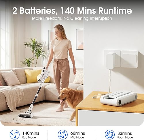 Miniatura 3 de Cordless Vacuum Cleaner, 2 Batteries 140 Mins Runtime 600W 50Kpa Stick Vacuum Cordless, Self-Standing Vacuum Cleaners for Home with 2.5H Fast