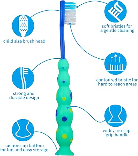 Miniatura 3 de Lauwell Cepillo de dientes manual para niños pequeños, cepillos de dientes envueltos individualmente con tapas con ventosa, cepillo de dientes de