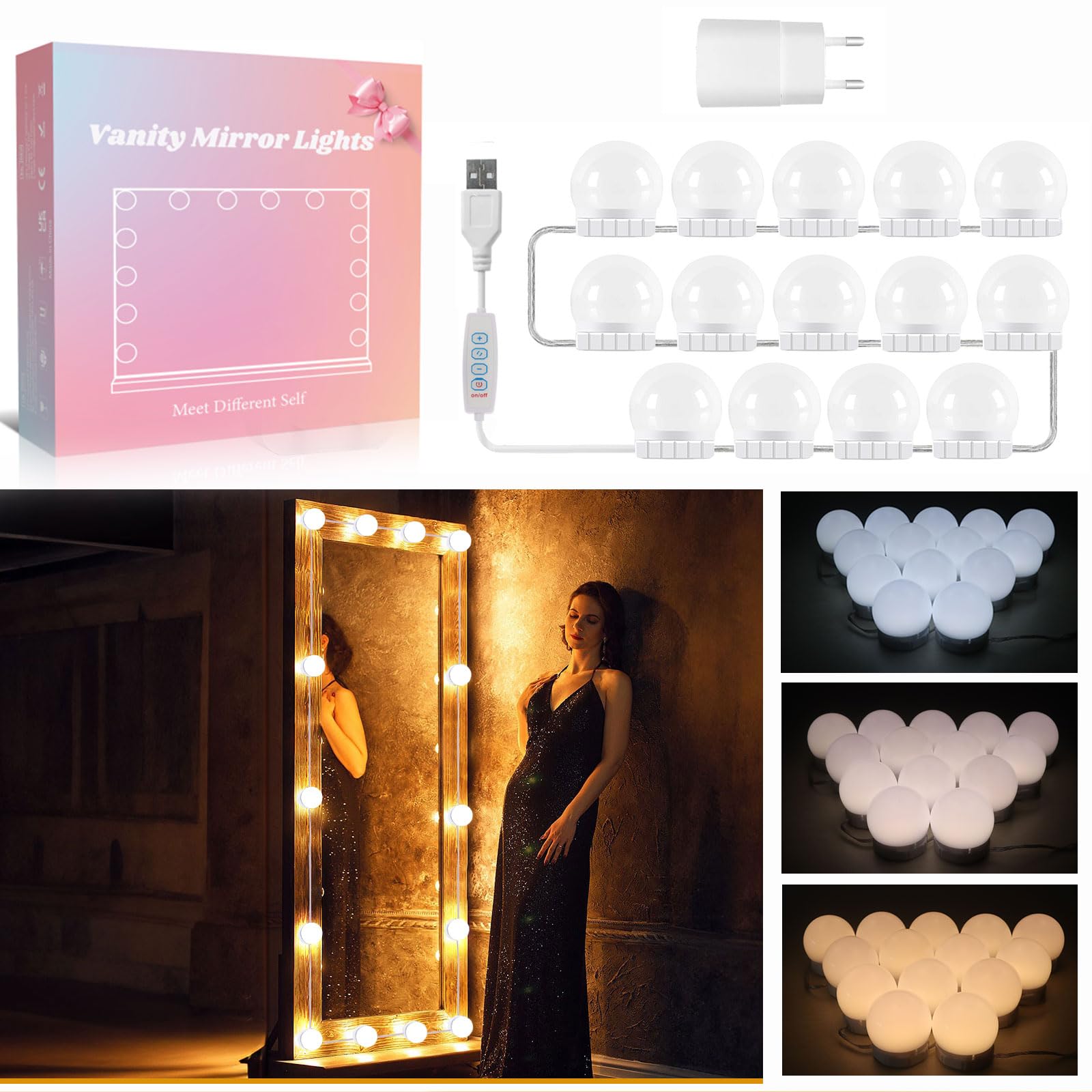Akynite Lumière de Miroir Kit de 14 Ampoules avec Adaptateur, USB Câble Réglable, 3 Couleurs et 10 Intensités, Miroir LED Hollywood Dimmable, Lampe Coiffeuse Maquillage Make Up Eclairage Adhesif