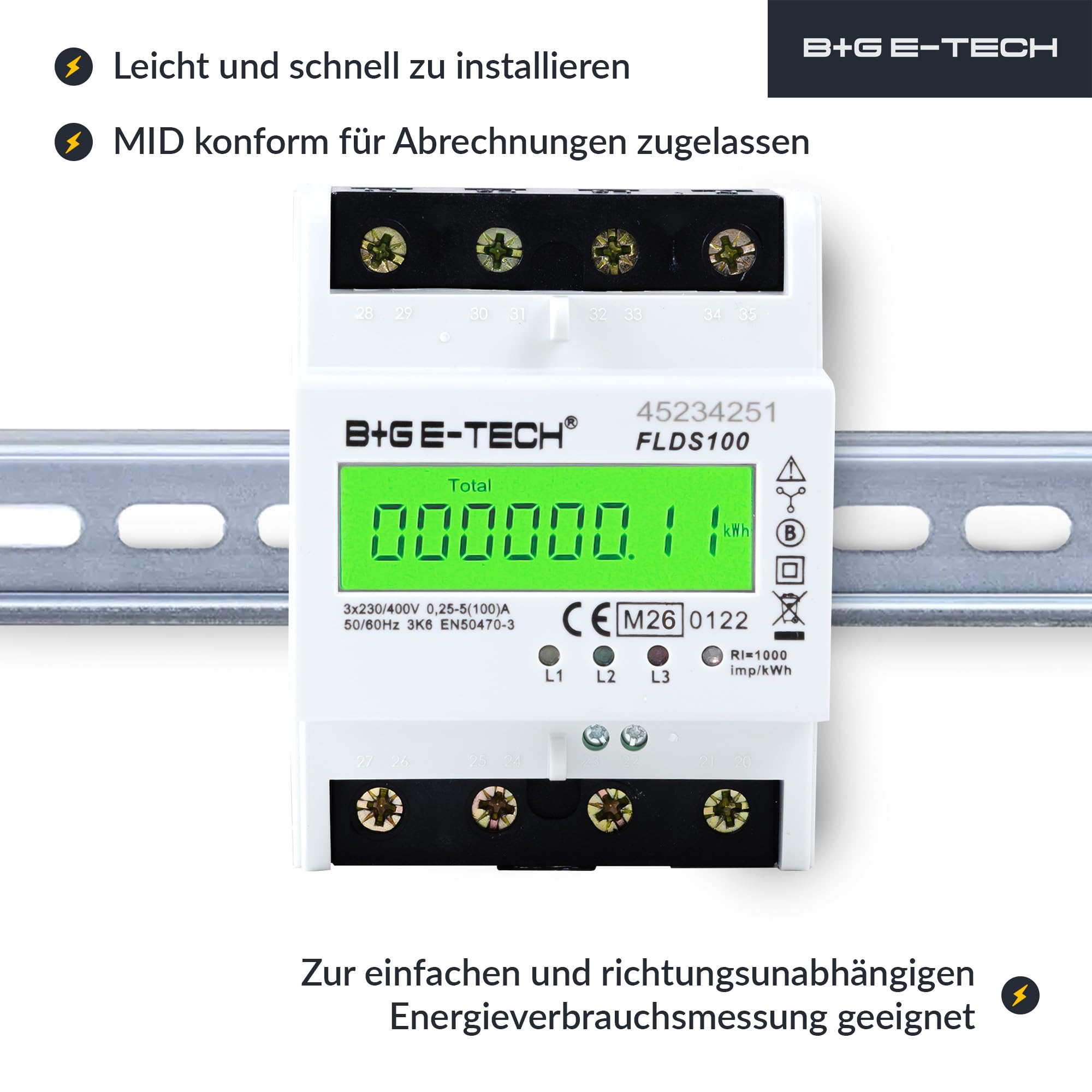 3 Phasen Drehstromzähler [FLDS100 - MID 26] - Stromzähler für TS35 Hutschiene, MID geeicht, digitaler LCD Drehstromzähler mit S0, 100A, 400V