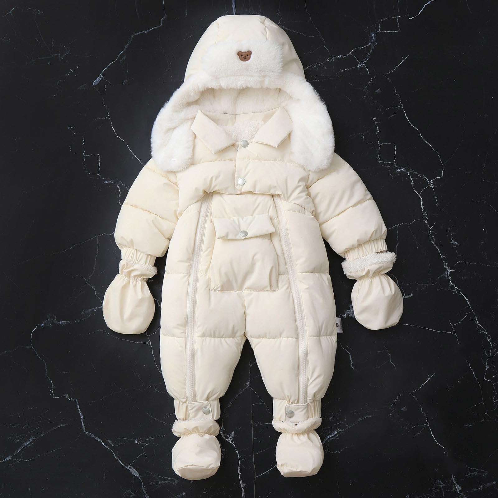 Combi Pilote Bebe Garcon Enfant Hiver De Neige Manches Longues Veste Jumpsuit Col De Fourrure avec Gants Coupe-Vent Nouveau-Né 0-12 Mois Manteau Ensemble