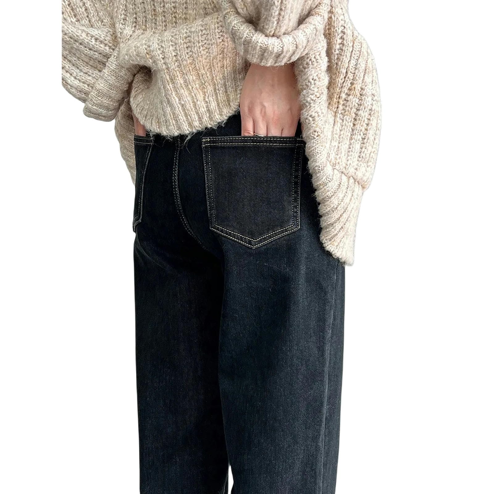 Pantaloni a Gamba Larga in Denim Autunno e Inverno Jeans Gamba Dritta Allineati in Vello da Donna per Le Donne Pantaloni di Denim con Vita Alta- Blu Nero-XL