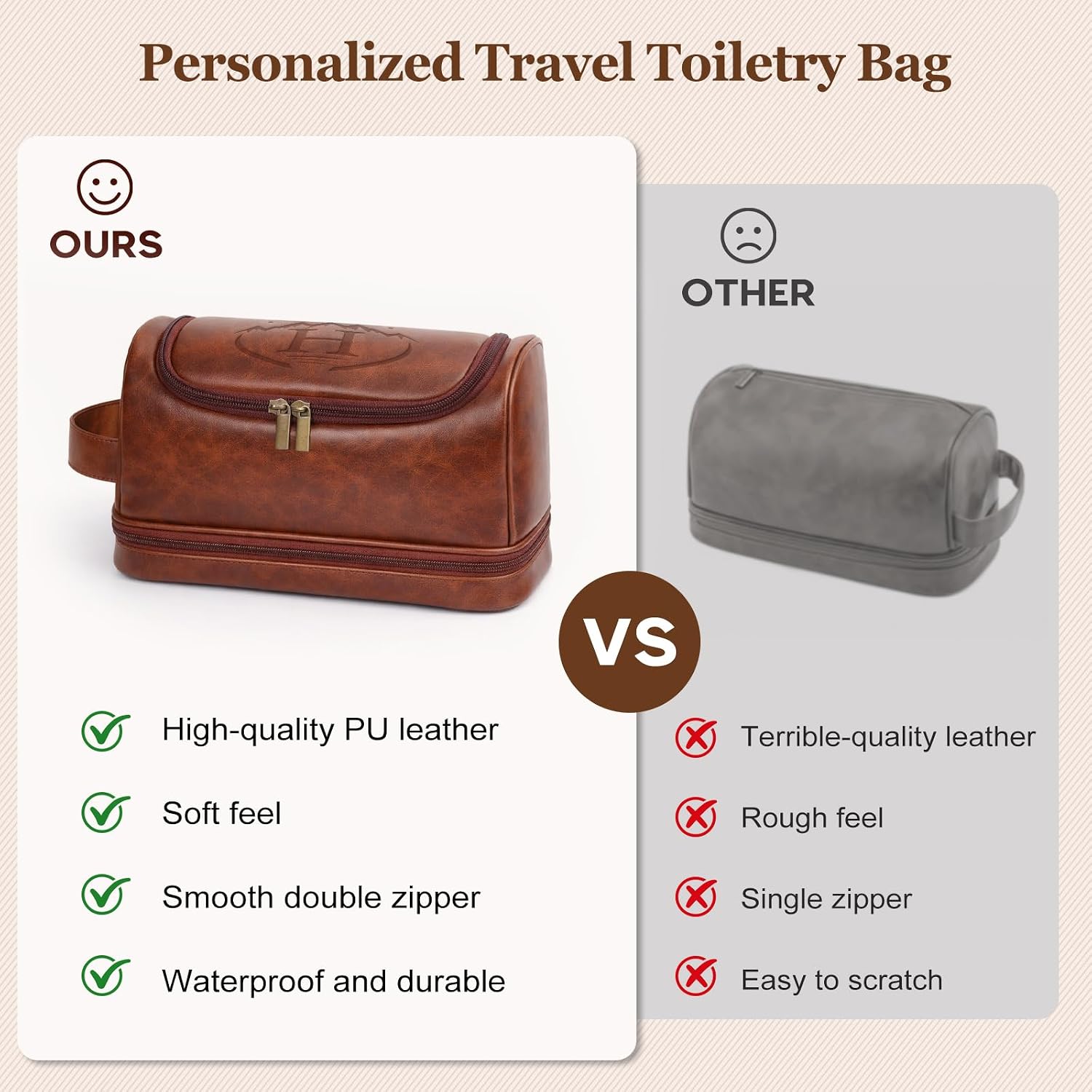 Personalized Groomsmen Gifts Travel Toiletry Bag for Men, Engraved Monogrammed Initial PU Leather Water-Resistant Shaving Bag, Traveling Essentials for Adults Man Dad Husband Boyfriend Groomsmen,H