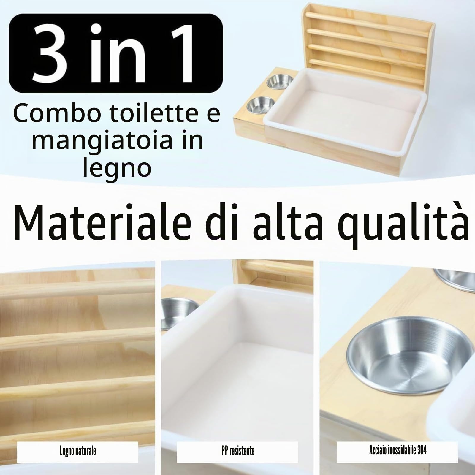 Distributore di alimenti tre in uno in legno per conigli, dispenser per fieno, con ciotole, accessori per gabbie, casseruola, porcellini d'India, alimentatore per topi