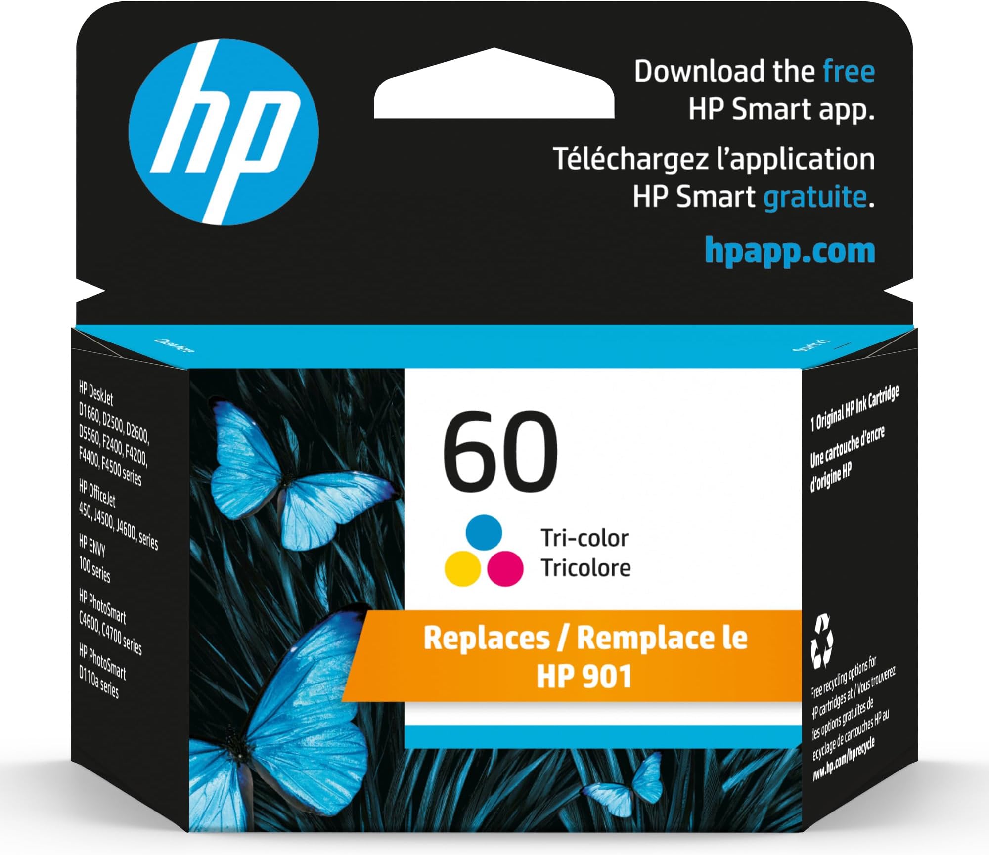 HP 60 Tri-color Ink Cartridge For Printers | Works with DeskJet D1660, D2500, D2600, D5560, F2400, F4200, F4400, F4580; ENVY 100; OfficeJet J4500, J4680, 4500; PhotoSmart C4600, C4700, D110a | CC643WN