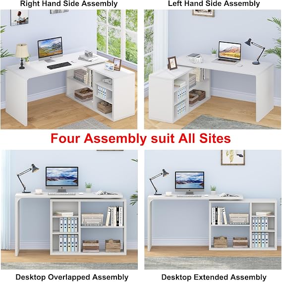 HSH White L Shaped Desk with Shelf, Reversible Modern Home Office Desk Workstation, L Shape Computer Desk with Storage Drawer, Industrial Wood Corner Table for Work Study Writing Gaming, 140 CM