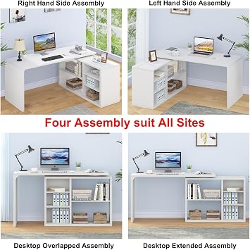 HSH White L Shaped Desk with Shelf, Reversible Modern Home Office Desk Workstation, L Shape Computer Desk with Storage Drawer, Industrial Wood Corner Table for Work Study Writing Gaming, 140 CM