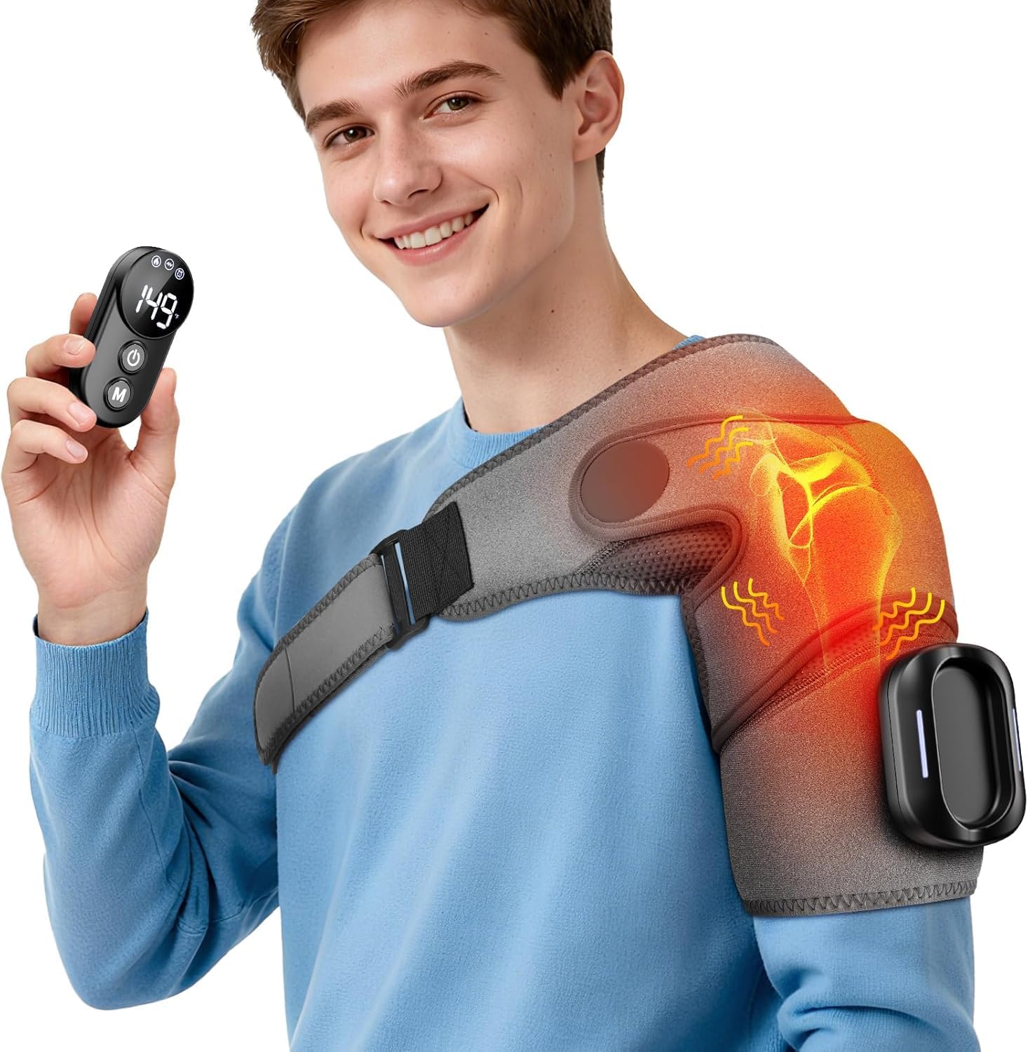 Cordless Shoulder Heating Pad with Massage, Shoulder Massager Heated Shoulder Wrap, Detachable Magnetic Controller Heated ShoulderBrace with 5 Heats and Vibration Modes (Grey)