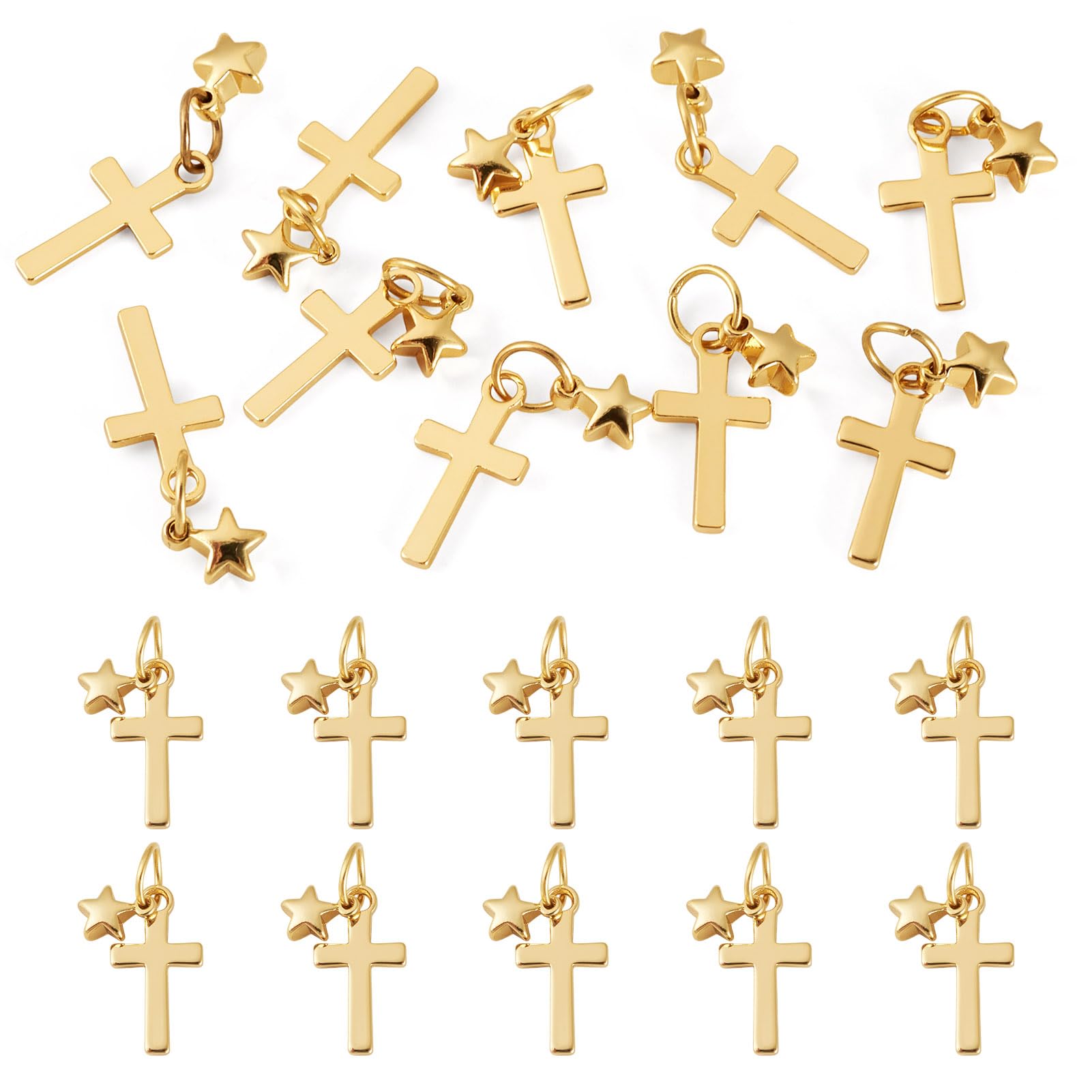 Craftdady Cross Charms 18K Gold Plated Crucifix Pendants Small Cross Easter Charms with Stainless Steel Jump Rings for DIY Necklace Earring Bracelet Jewelry Making