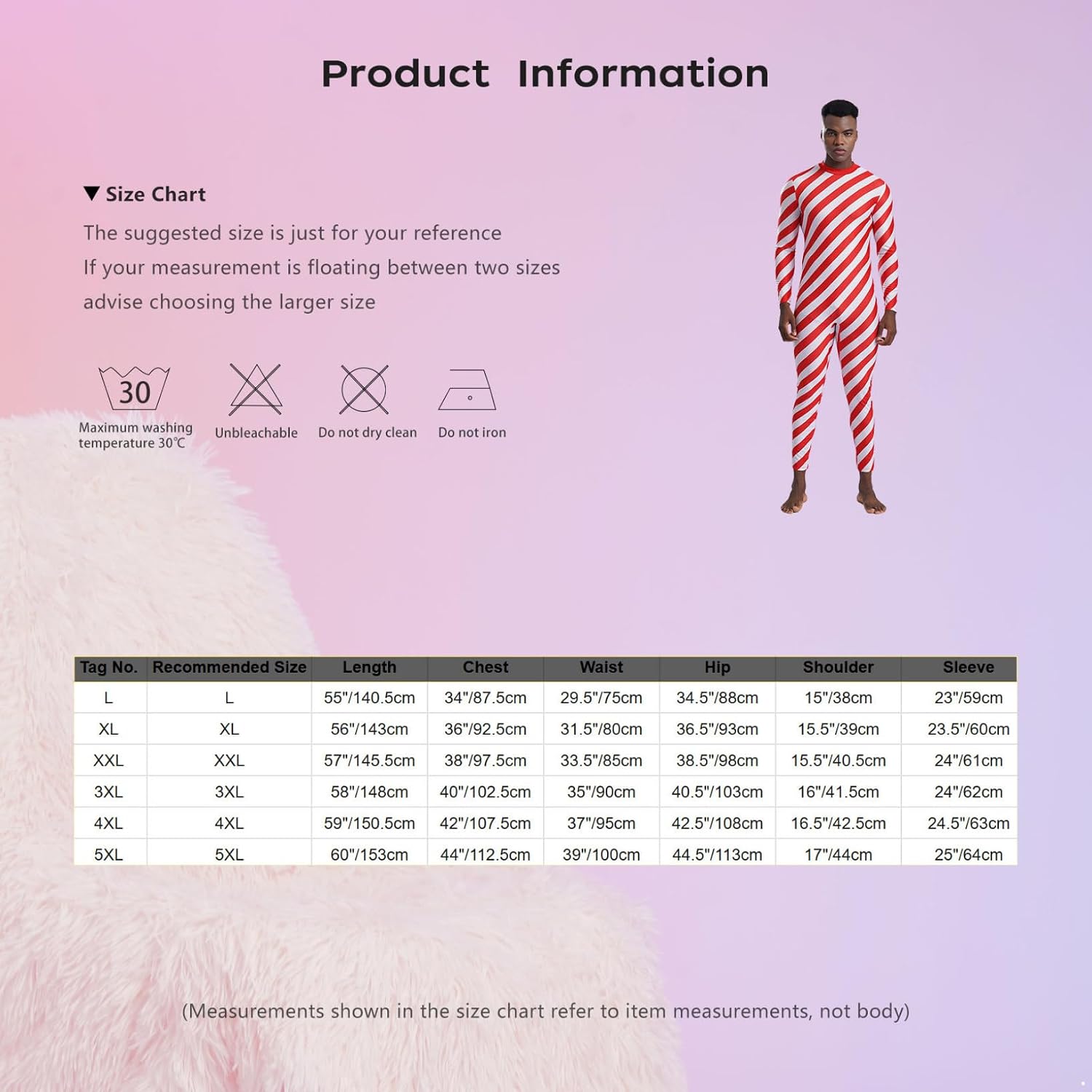 Oyolan Men's Christmas Candy Cane Bodysuit Costume Long Sleeve Unitard Zipper Dance Leotard Jumpsuit