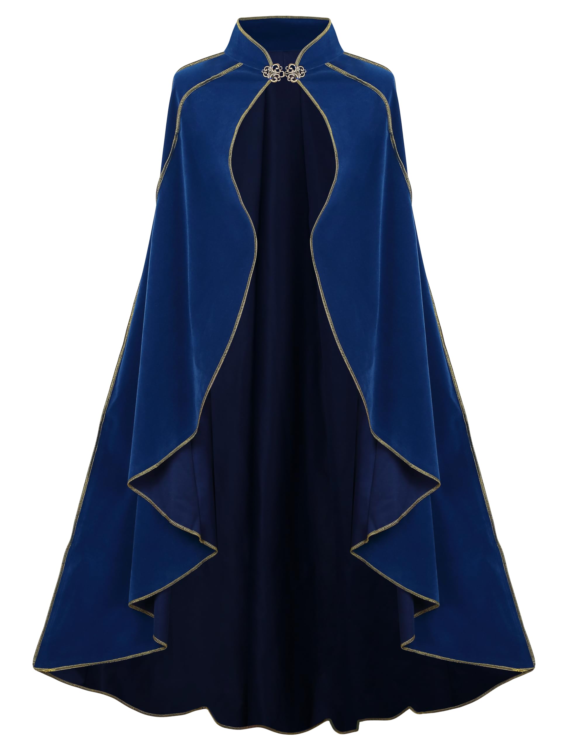 DELIVESS Women's Medieval Renaissance Velvet Cape Stand Collar Gold Trim Cloak for Adults, Halloween Cosplay LARP Party Festival Costume(51.18", Royal Blue) — image 1