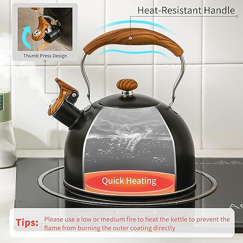Miniatura 3 de LONFFERY Tetera para estufa, hervidor de té silbante de 2.5 cuartos de galón, con mango plegable de acero inoxidable de grado alimenticio y patrón