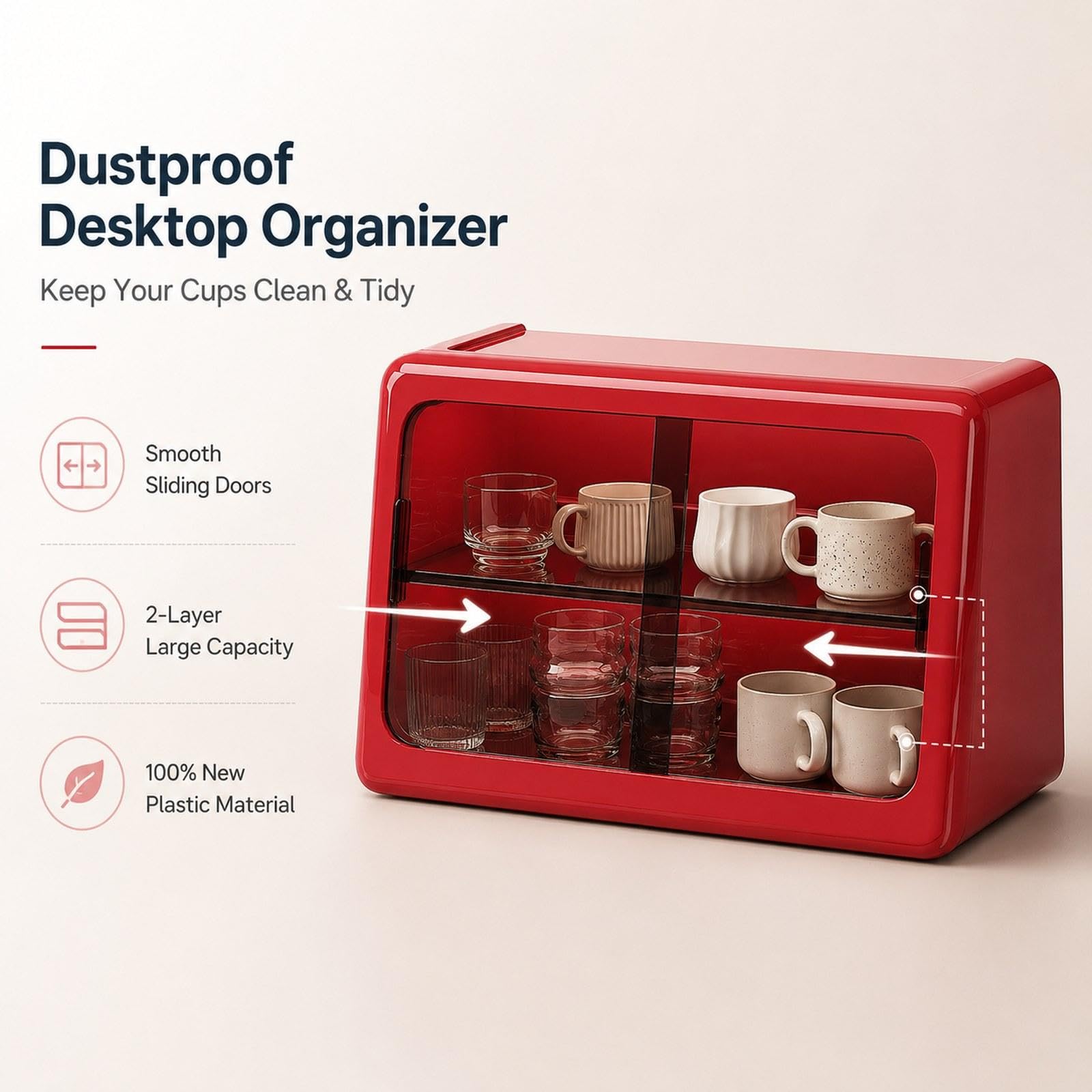 Desktop Aufbewahrungsregal mit Schiebetür Als Gewürzkorb Tassenablage Ablage für Kaffeezubehör Teeregal Mehrzweckregal für Büro Heimdekoration Und Arb, Rot