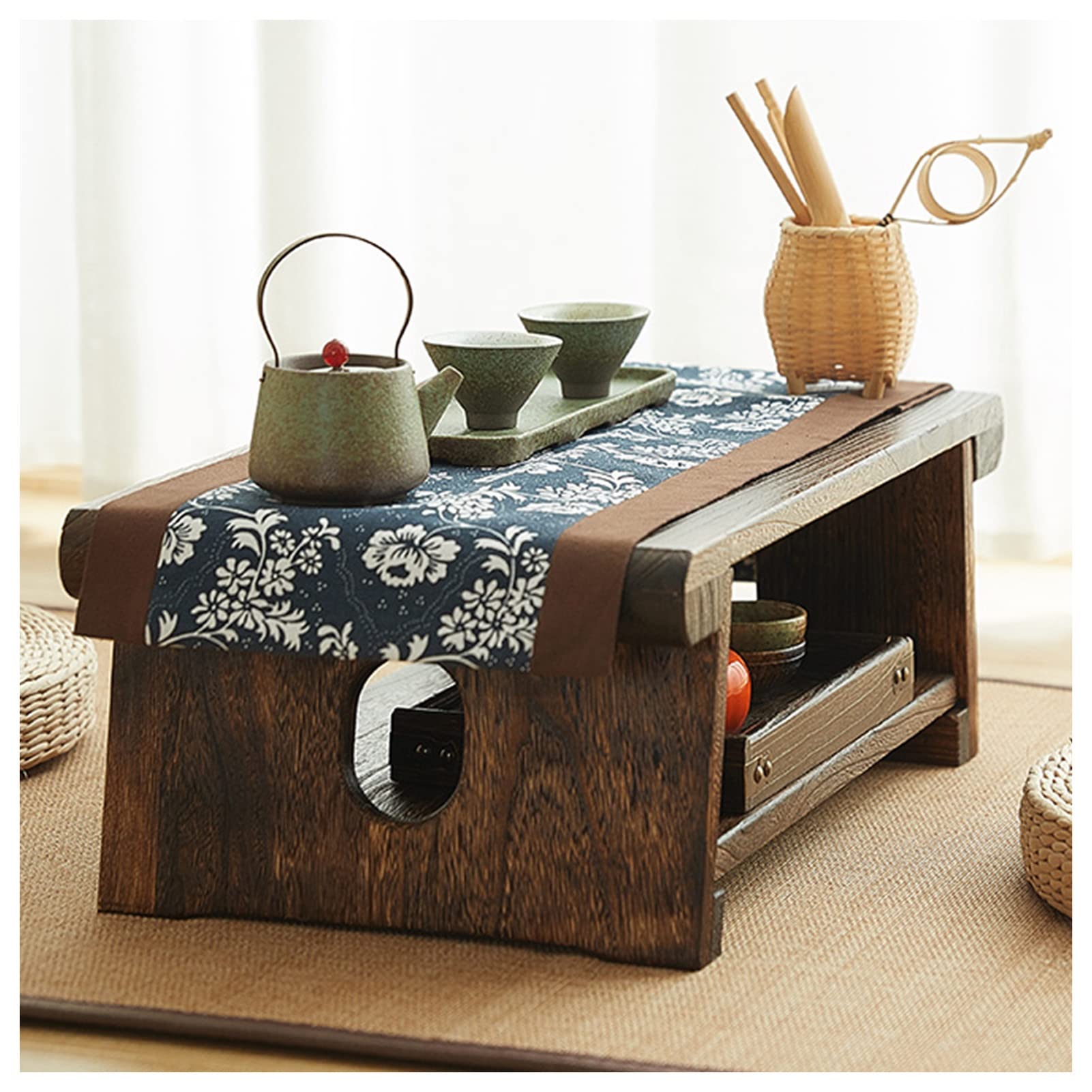 Table basse tatami japonaise pliable avec étagère de rangement pour ordinateur portable
