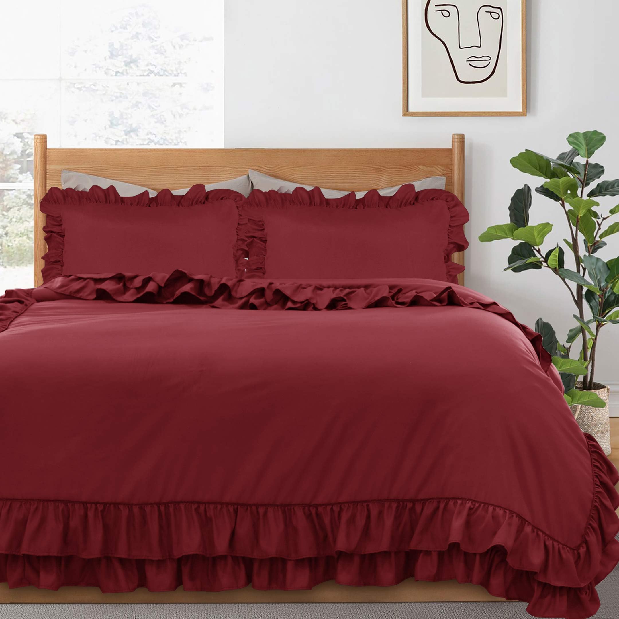 QATAN 3 Pieces Ruffle Bedding Set with 2 Pillowcase Frills Duvet Cover with Button Closure Soft Microfiber Duvet Cover Set (Burgundy, King) — image 1