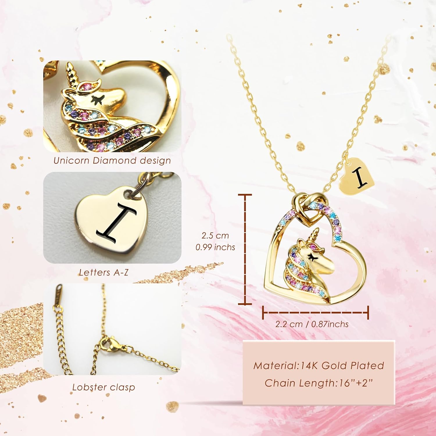 Valentines Day Gifts - Unicorn Necklace Gifts for Girls, Gold CZ Heart Unicorn Jewelry Initial Girls Birthday Colorful Heart Necklace Birthday present - Image 4