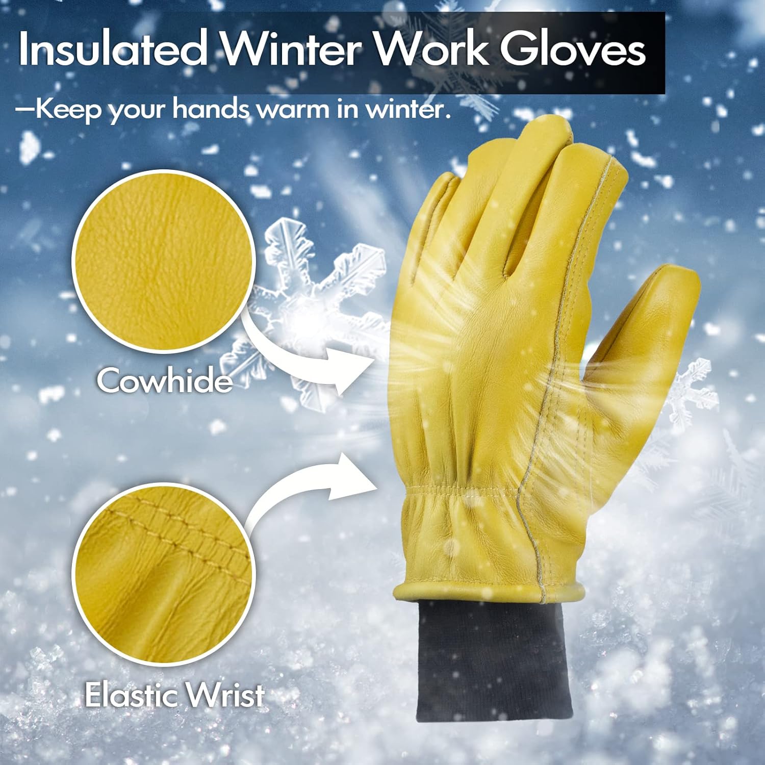 Insulated Leather Work Gloves for Men, Windproof Cowhide Winter Work Gloves for Driving Working, Water Resistant - Image 2