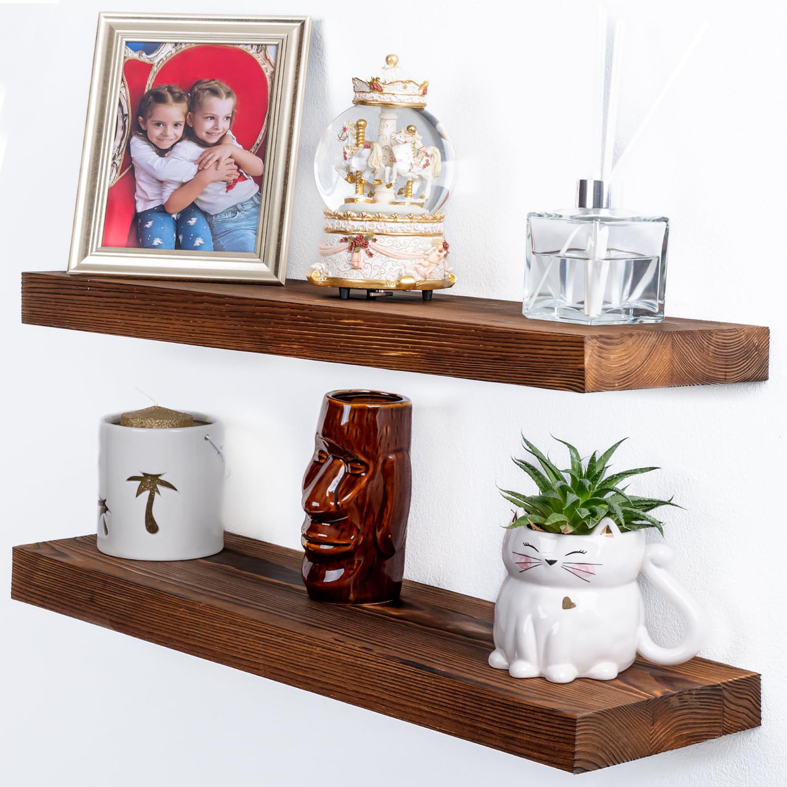 2 Pc Natural Pine Wooden Floating Shelves for Wall with No Drilling; Wall Mounted Wood Shelf Set; Wall Shelves for Living Room, Bathroom, Kitchen and Bedroom Bookshelf (Walnut, 24 inch)