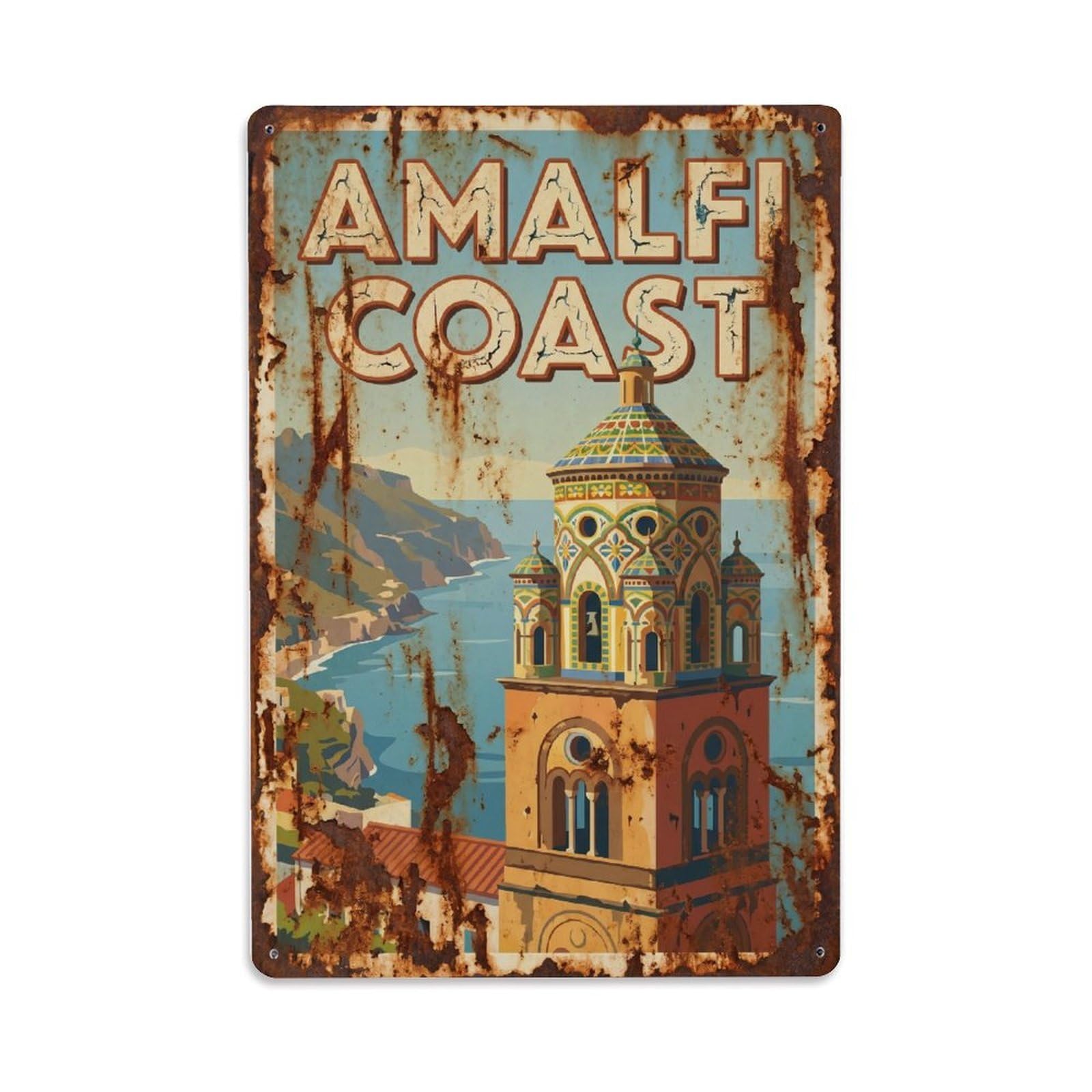 Vintage Travel Belltower Italy Coastal Metal Tin Sign Plaque Wall Decor for Cafe, Club Bar, Office, Home Garden Metal Poster 8x12Inch