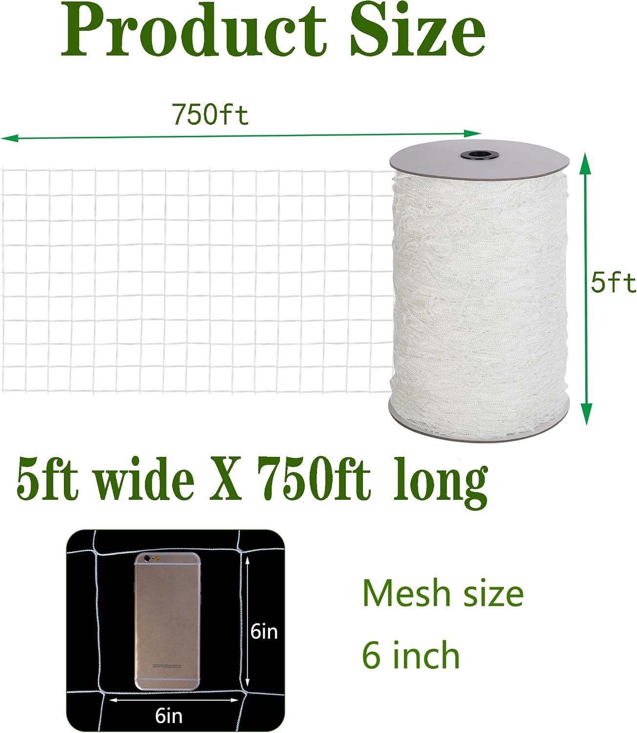 Toolazy Trellis Netting 5 x 750 ft - Heavy Duty Nylon Garden Netting with 6 Inch Mesh, Soft Plant Support Net for Tomatoes, Cucumbers, Peas, Vine Climbing Vegetables, Indoor Outdoor Greenhouse