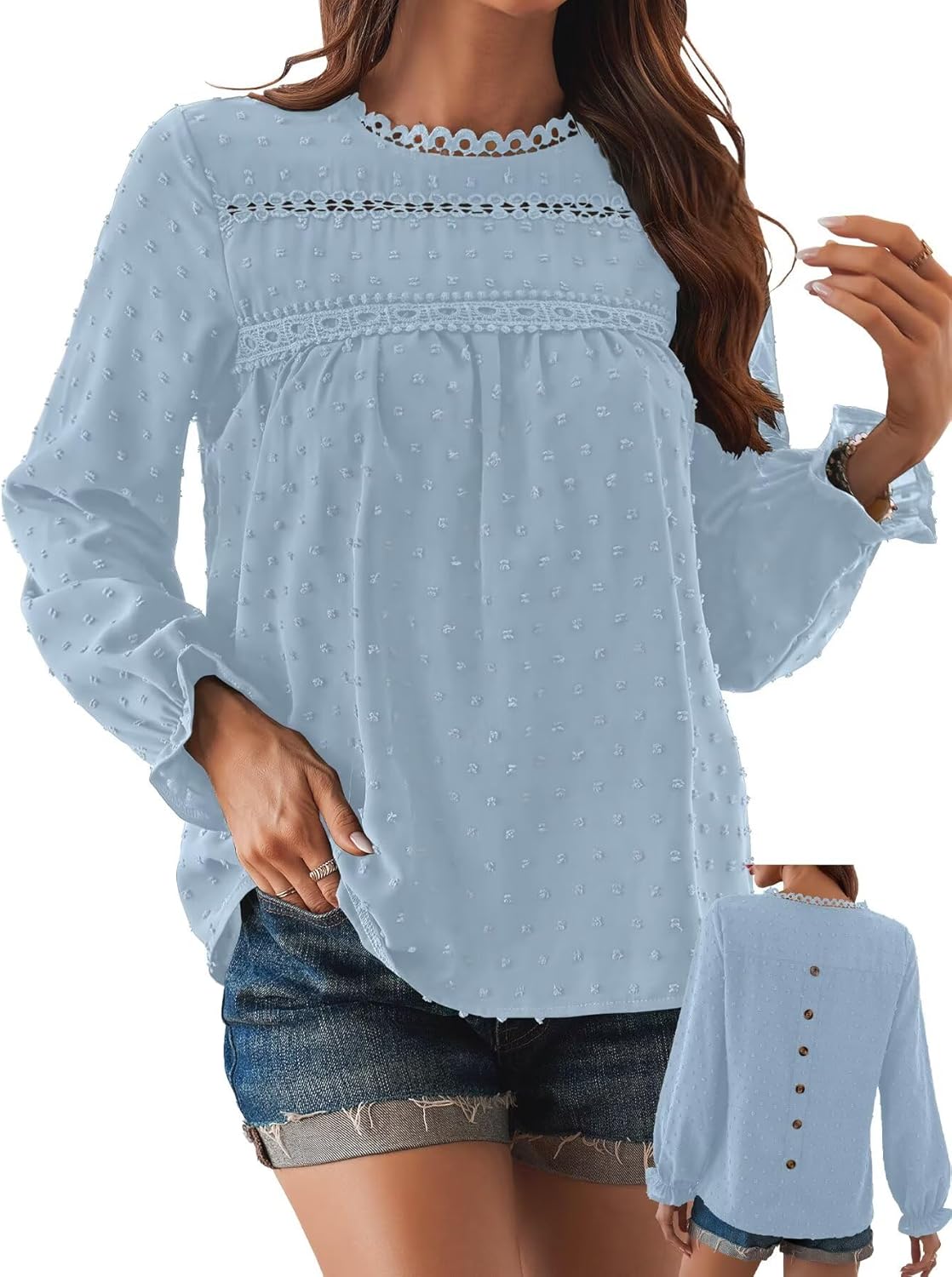 Womens Boho Tops Long Sleeve Shirts For Women Cute Crewneck Blouse Dressy Casual Sw...