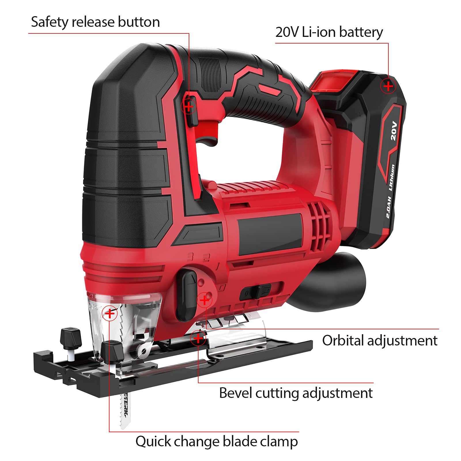 Seghetto Alternativo a Batteria, Seghetto Alternativo da 20 V con 4 Impostazioni Orbitali, Morsetto per Lama Utensile da 2700 Giri/min, Regolazione Smusso a 45°, Guida per (Spina