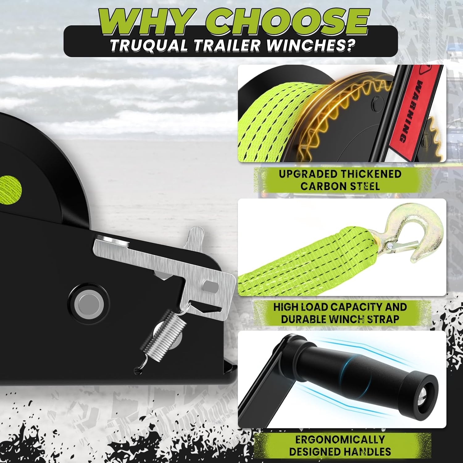 2500LB Boat Trailer Winch, Heavy Duty Boat Winches for Trailers with 23FT Green Strap, 2 Speed Ratchet 4:1/8:1 Gear, Manual Trailer Winch for Towing Boats, Trucks, Jet Skis, RVs, and ATVs