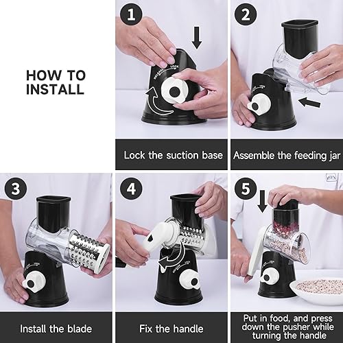 Miniatura 6 de Rallador giratorio de queso con asa, cortador de verduras de mandolina de cocina con 3 cuchillas intercambiables y base de succión fuerte, rallador