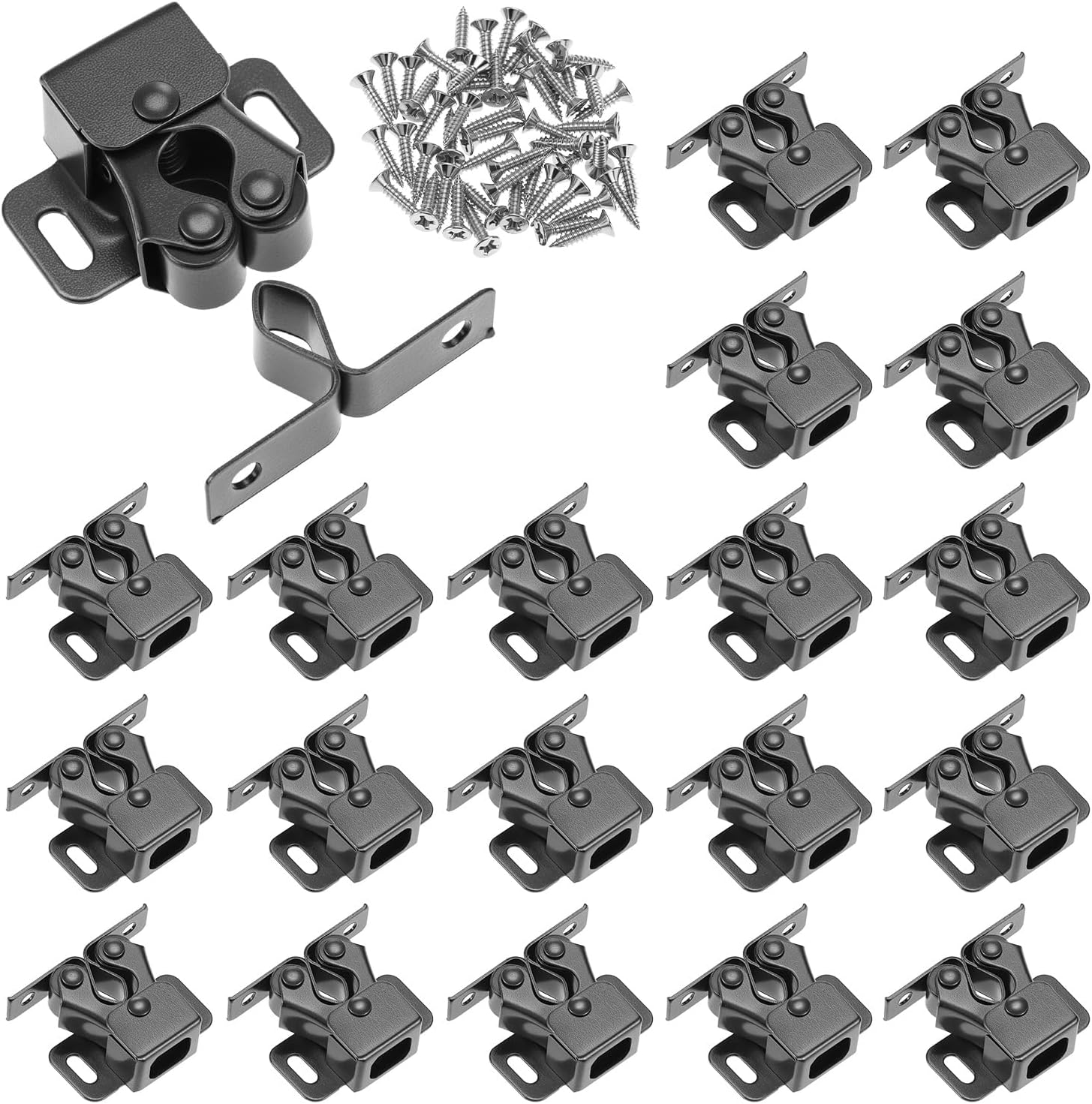 QWORK Cabinet Door Latch and Catch, 20 Pcs Antique Copper Cabinet Door Latches with Spear Strike, Hardware Double Roller Catch Cabinet Latches, Cupboard Roller Latch