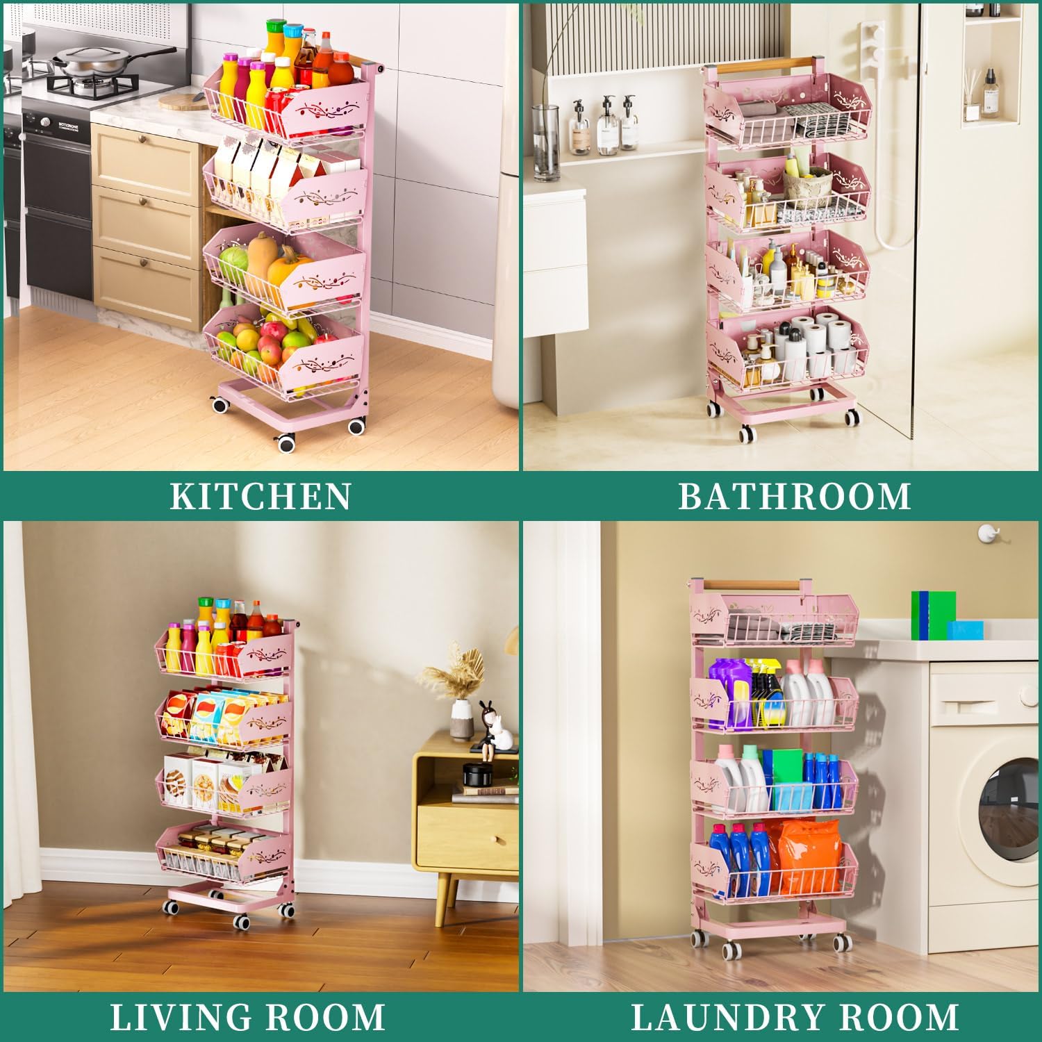 Heavy 4-Tier Snack Cart with Wheels ，Removable Rolling Pantry Floor Organizers ，Upgraded Wider and Thicker, Kitchen Fruit Basket Stand and Storage Rack for Fruit Snack Onion Potato, (Pink)