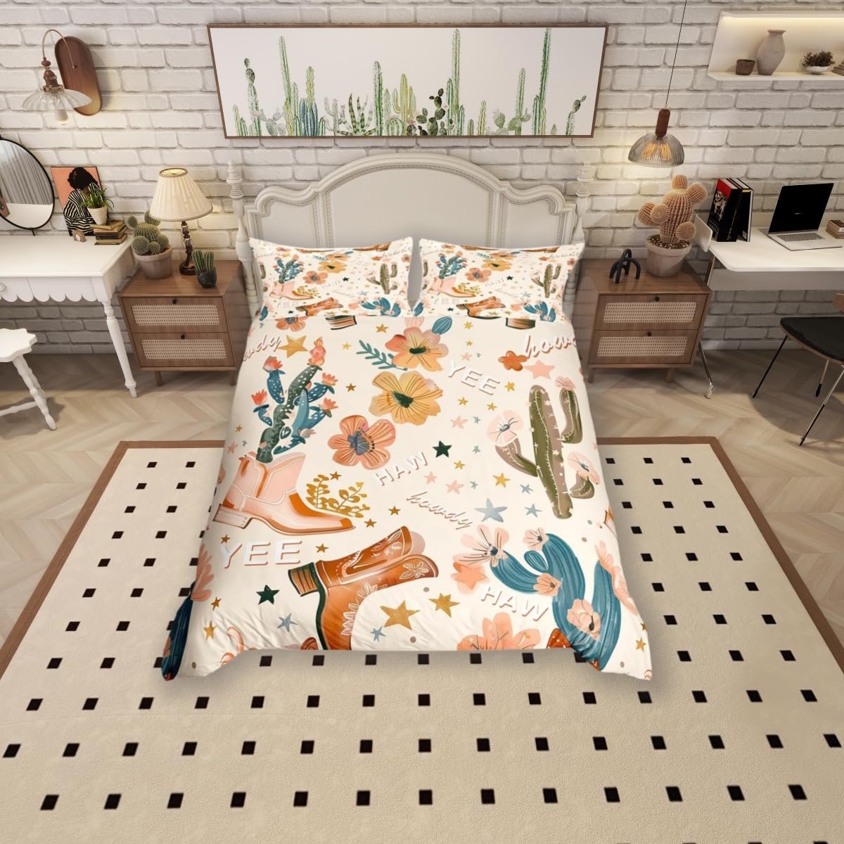 feelingyou Cowboy Duvet Cover Single Size,Cowboy Boots Comforter Cover for Kids Teens Adults Bedroom Decor,Wild West Cactus Flower Cowgirl Bedding Set 1 Pillowcase,No Comforter