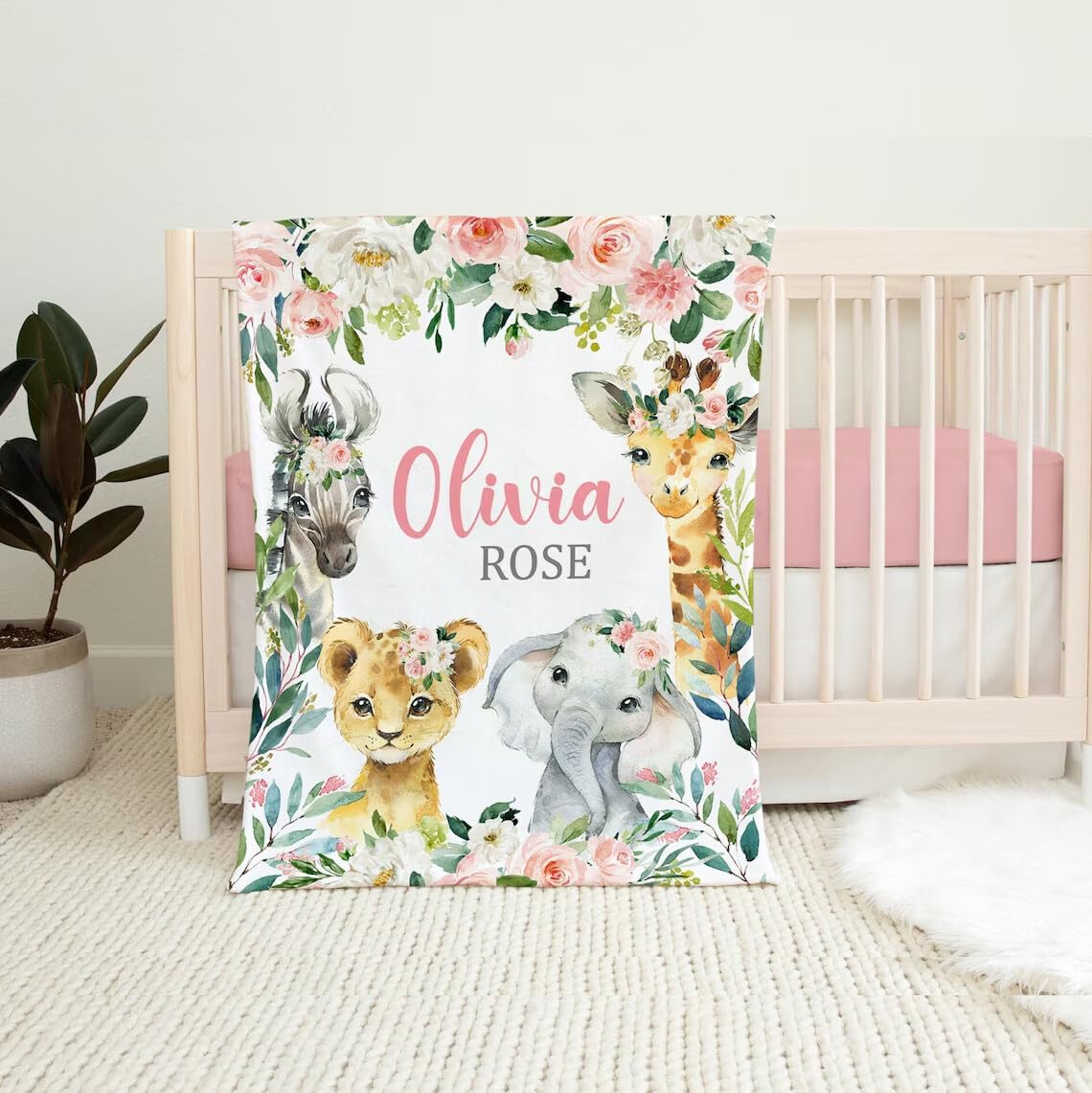 Personalized Safari Animals Baby Blanket for Boys Girls