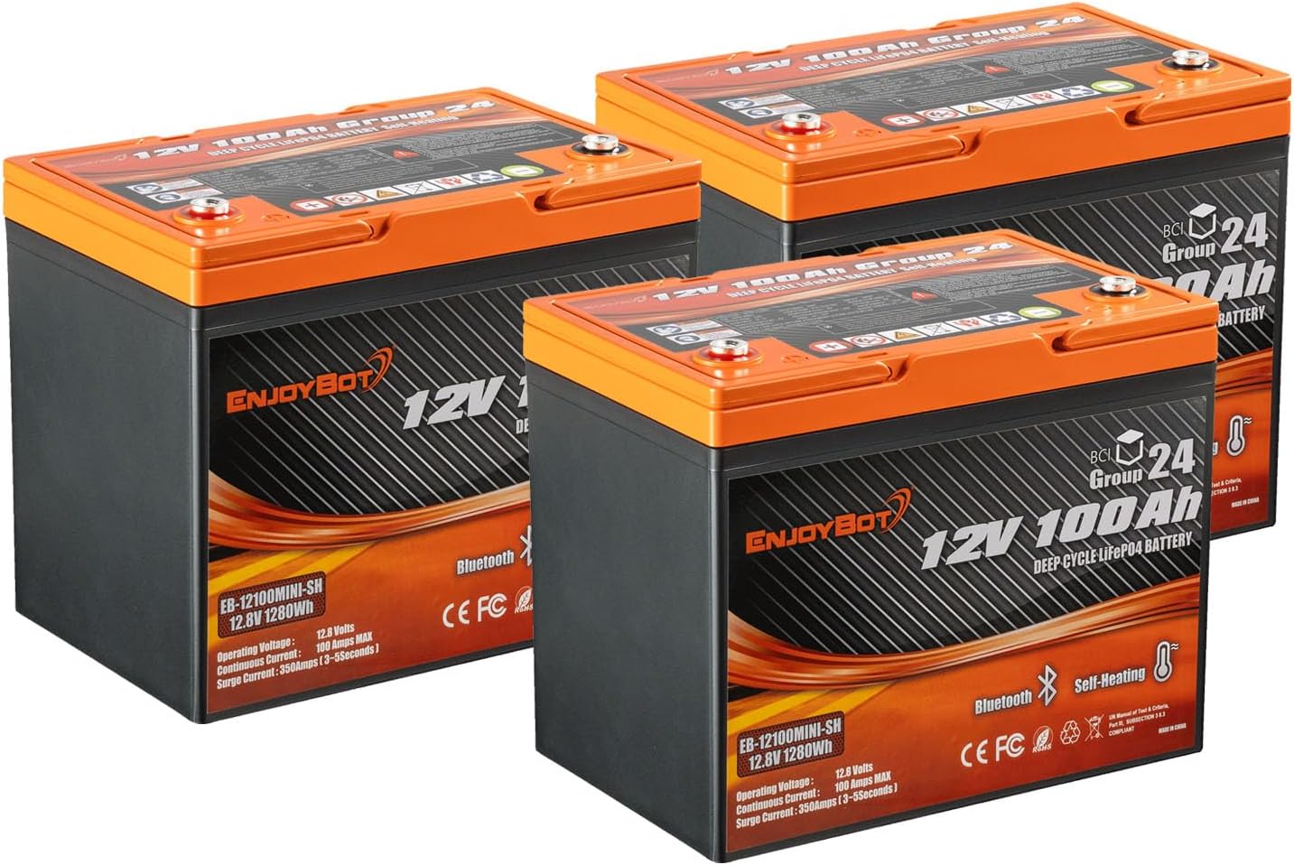 Enjoybot 12V 100Ah Self-Heating LiFePO4 Lithium Battery, Group 24 Lithium Battery Built-in 100A BMS and Bluetooth, 1280W Load Power, Peak Current 350A Perfect for Golf Cart Trolling Motor (3 Pack)