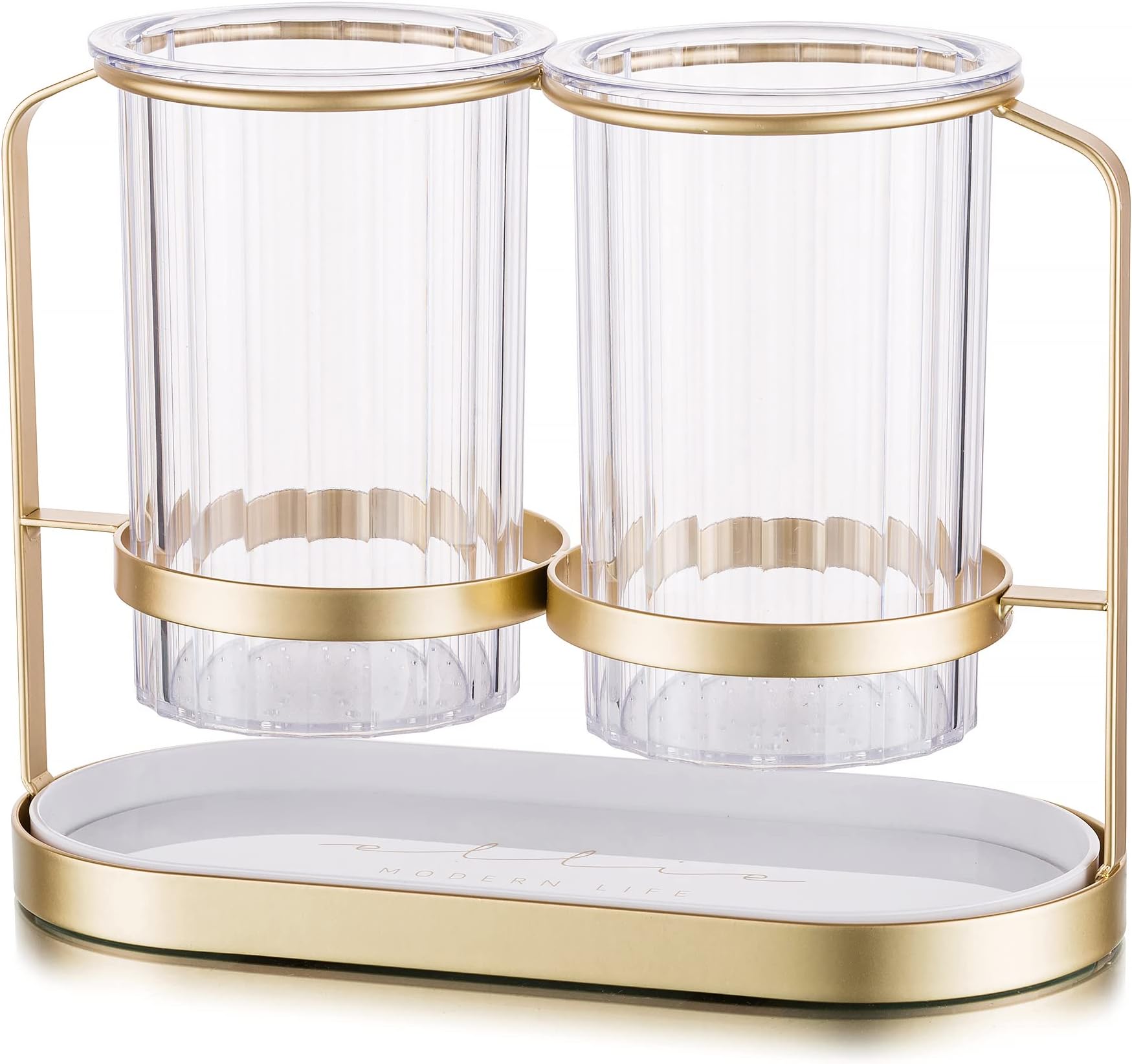 Kitchen Utensil Holder for Countertop Chic Modern Cutlery Caddy 2 Clear White Cups with Gold Iron Frame Practical Utensil Pot Counter Crock for Fork Spoon Knife Flatware Silverware