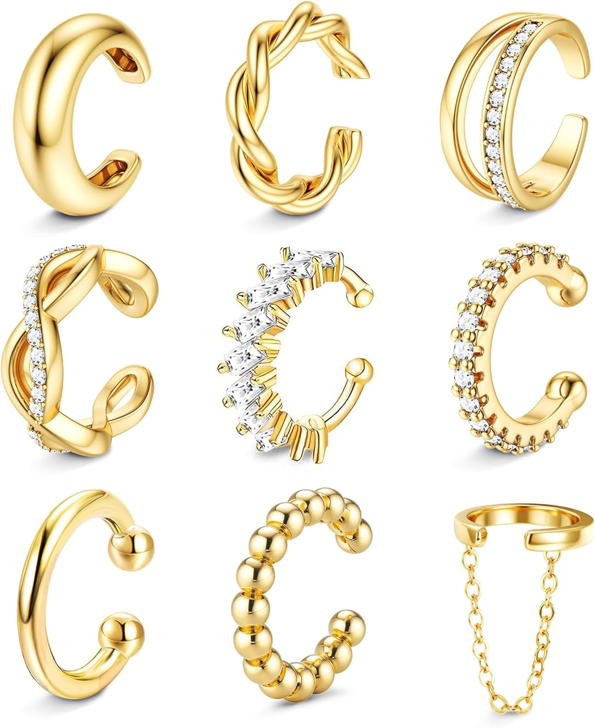 FIBOSTEEL 9PCS Non-Piercing Ear Cuff Earrings Women 14K Gold Plated Hypoallergenic Adjustable Clip-On Cartilage Wraps CZ