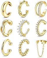 FIBOSTEEL 9PCS Non-Piercing Ear Cuff Earrings Women 14K Gold Plated Hypoallergenic Adjustable Clip-On Cartilage Wraps CZ