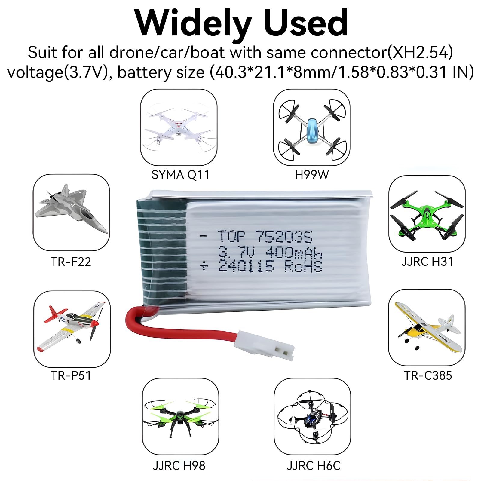 Batteria Lipo da 3,7 V, 400 mAh, ricaricabile, 5 pezzi, con caricatore USB 5 in 1, per Syma Q11, H99 W, H31, H6C, H98, TR-C385, TR-P51, TR-F22, AT-96, quadcopter parti aereo (5 pezzi, 3,7 V