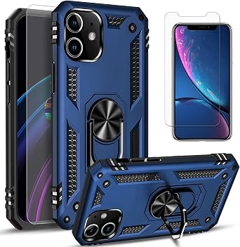 STARSHOP Compatible with iPhone 12 Phone Case, iPhone 12 Pro Phone Case with [Tempered Glass Screen Protector Included], Military Grade Shockproof Protection Cover with Metal Ring Kickstand - Navy