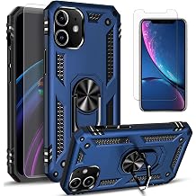 STARSHOP Compatible with iPhone 12 Phone Case, iPhone 12 Pro Phone Case with [Tempered Glass Screen Protector Included], Military Grade Shockproof Protection Cover with Metal Ring Kickstand - Navy