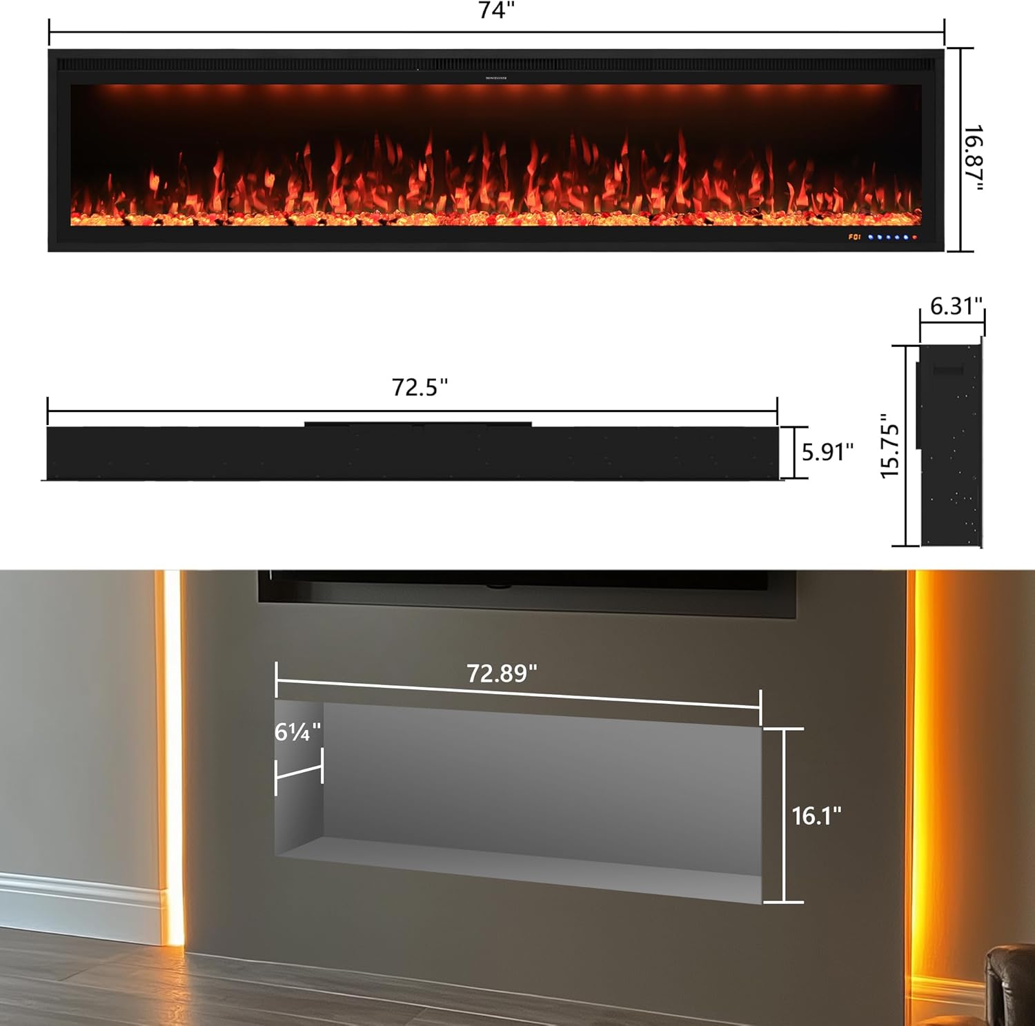 Detailed dimensions and recessed opening requirements for the electric fireplace