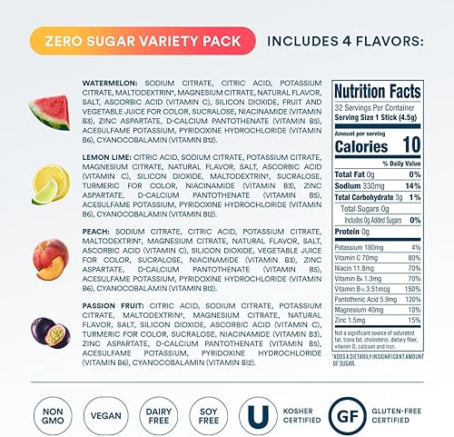 Miniatura 5 de DripDrop Paquetes de hidratación sin azúcar, paquete variado Zero Classic, mezcla de electrolitos de una sola porción en polvo, lima limón, sandía,
