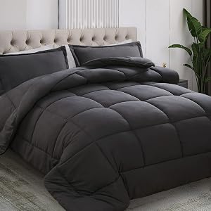 All Season Queen Size Comforter Set 3 PCs, Premium 350GSM Soft Quilted Down Alternative Comforter+2 Pillow Shams with Corner Tabs-Machine Washable Dark Grey, Queen（88 * 88）