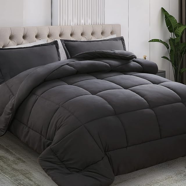 All Season Queen Size Comforter Set 3 PCs, Premium 350GSM Soft Quilted Down Alternative Comforter+2 Pillow Shams with Corner Tabs-Machine Washable Dark Grey, Queen(88 * 88)